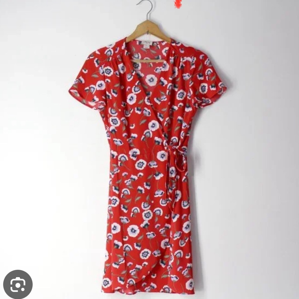 Red J Crew Wrap Dress, floral poppy print